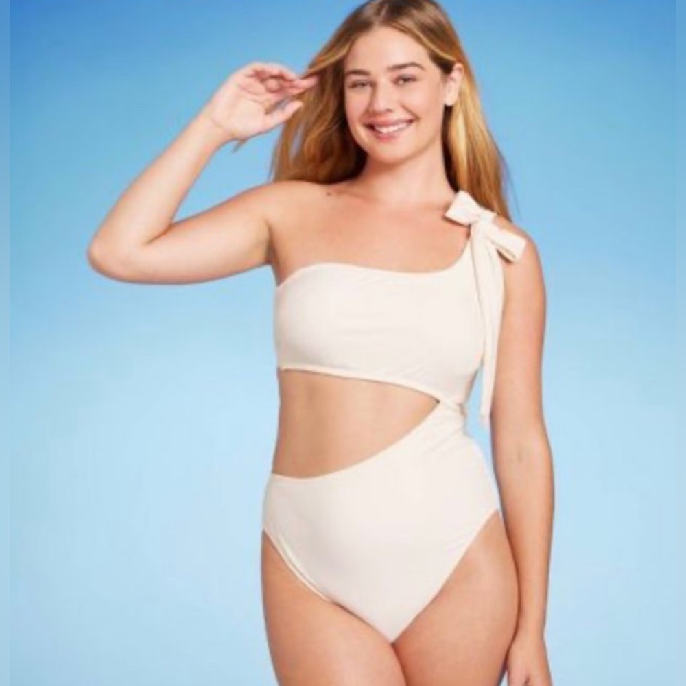 Ricki Rum Nude Ribbed Swimsuit One piece One Shoulder Swimwear Sz M